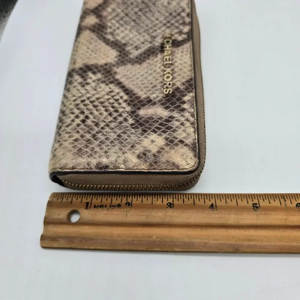 Michael Kors Jet Set Travel Zip Around Clutch Wallet Snake Print Brown NO STRAP